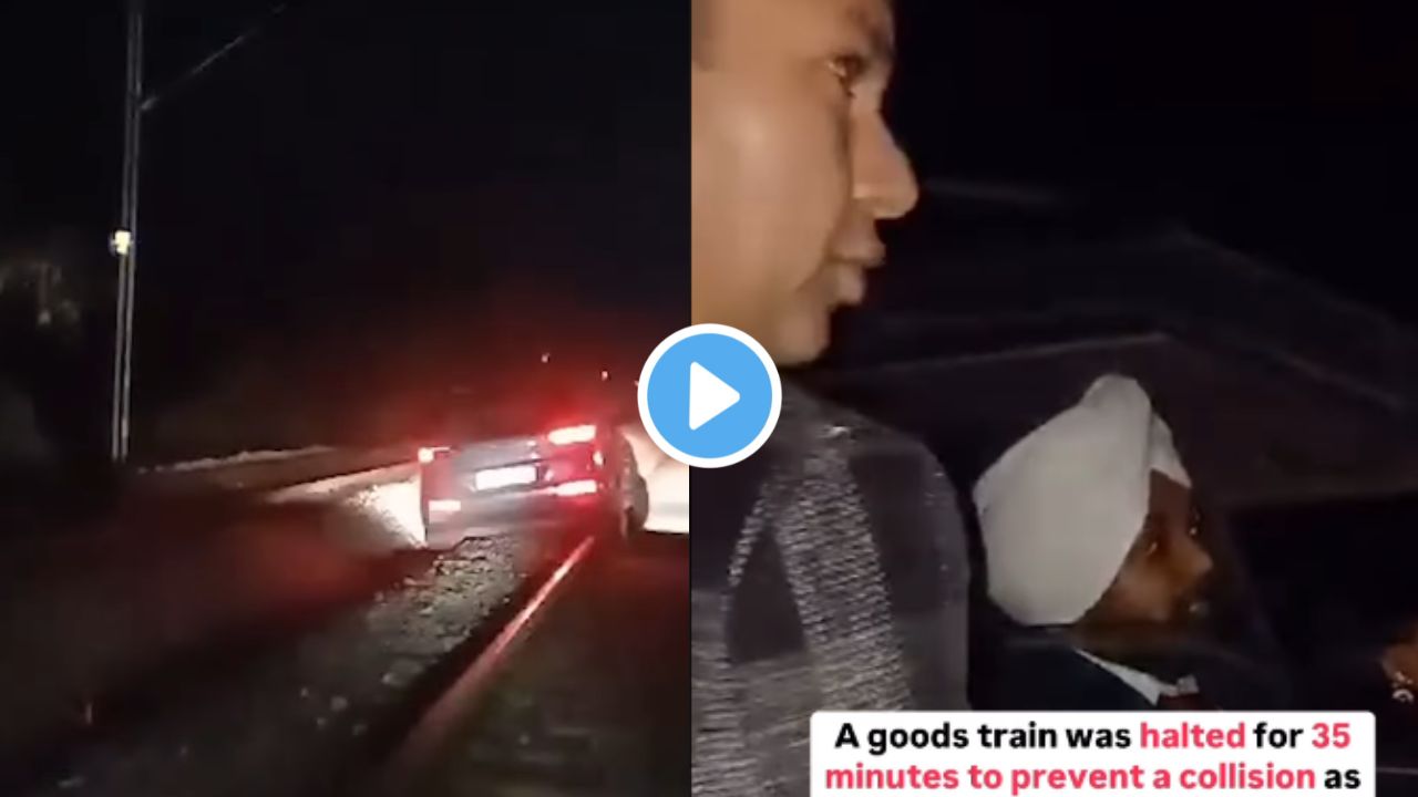 drunk man drives car on railway track